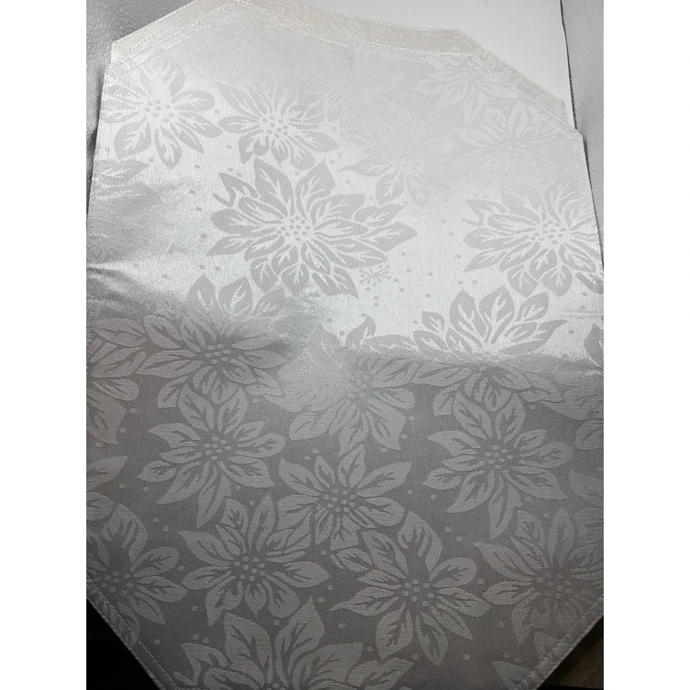 White Damask Poinsettia Christmas Placemats Set of 4 Octagon Holiday Table Decor
